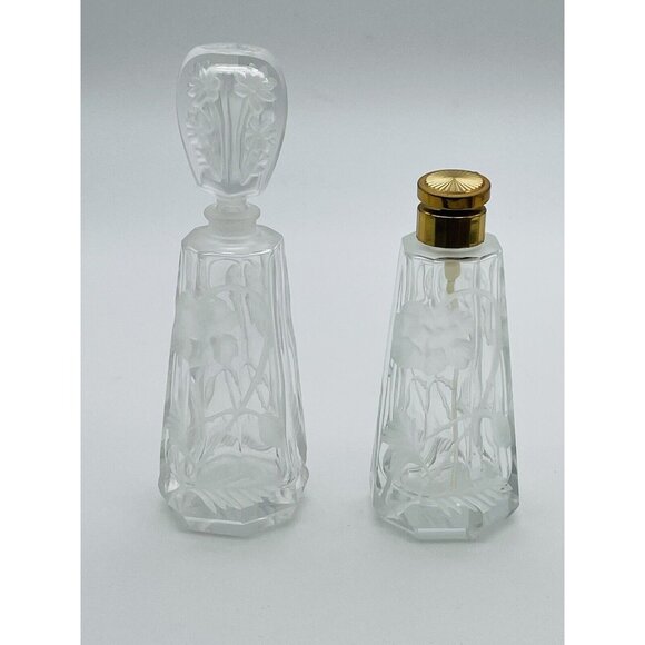 Vtg Etched Frosted Flower Perfume Bottles (2)With Brass Sprayer Top And Stopper - Picture 3 of 8